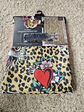 Ed Hardy Leopard Print Shower Curtain Set with Red Heart and Teal Accents